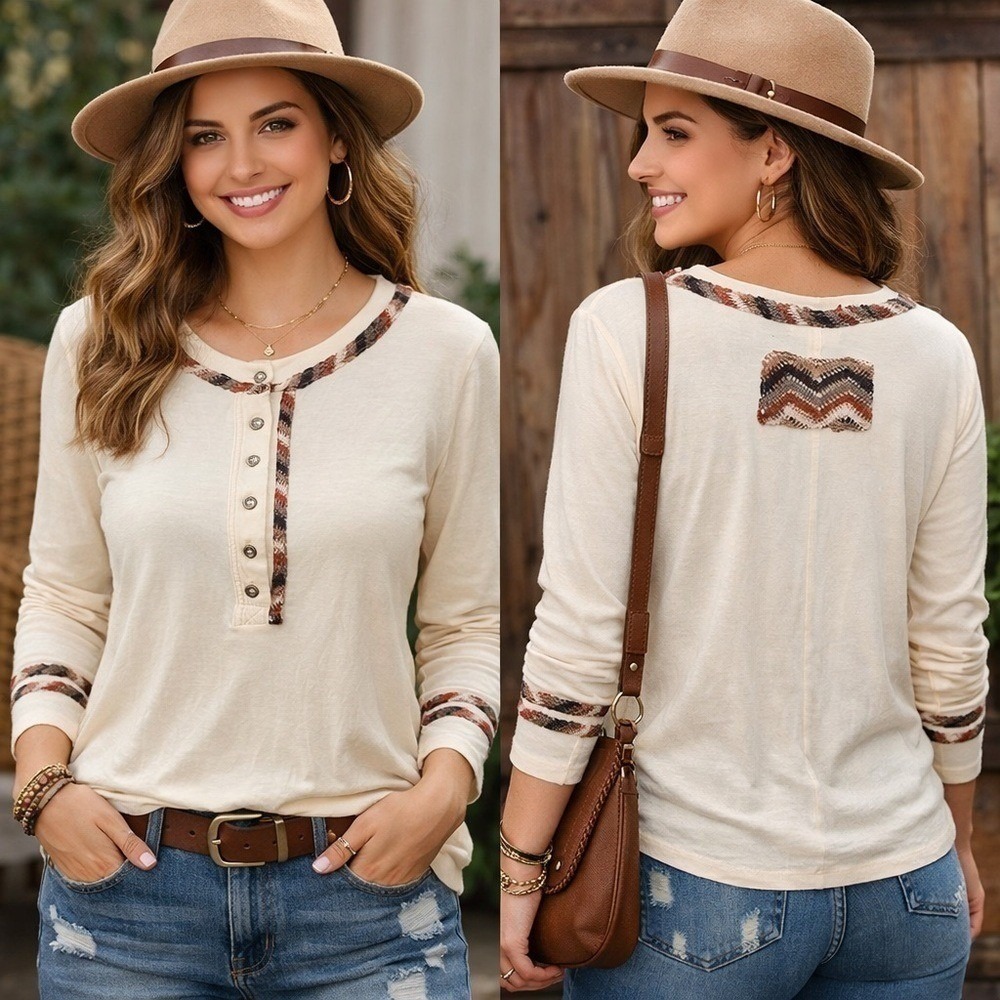 POL Womens Cream Henley Long Sleeve Top Chevron Trim YKT690 Size M - Picture 2 of 9